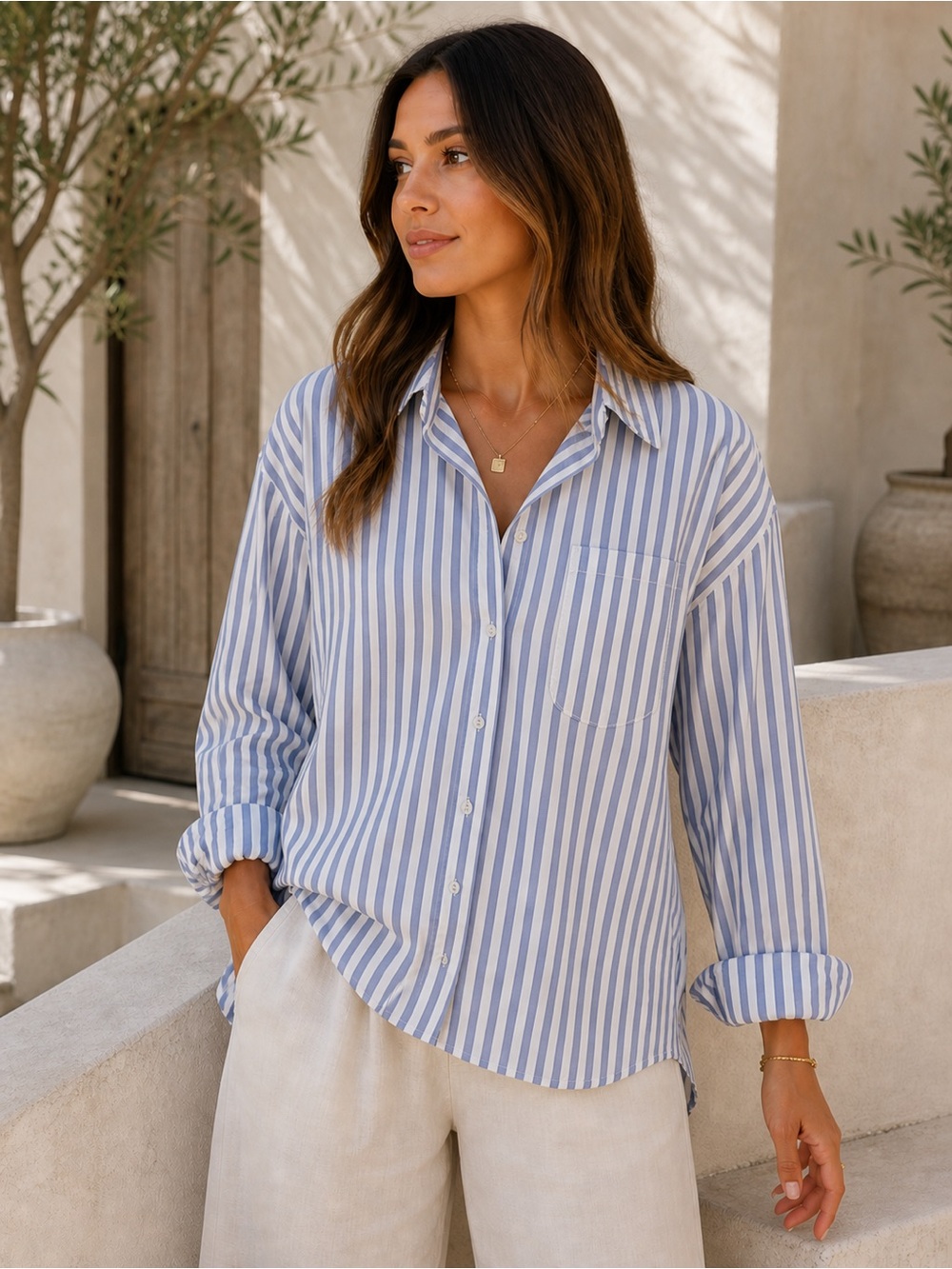 Old Navy Women’s Striped Tunic Shirt XL Blue White Button Up Long Sleeve Casual
